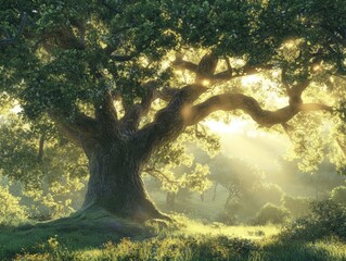 Poster - A majestic oak tree with sunlight shining through its branches