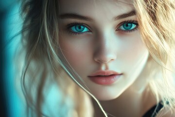 Aufkleber - Close-up portrait of a woman with blue eyes, suitable for use in personal or editorial projects
