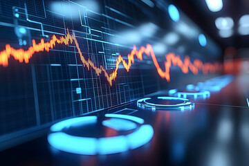 Poster - Futuristic digital dashboard displays a downward trending graph, illuminated by glowing blue and orange accents