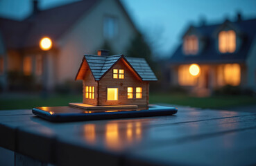 Fototapete - Small wooden house model stands on cellphone on wooden table at dusk. Concept of smart home control, security, monitoring, automation tech, efficient management using remote mobile wireless system.