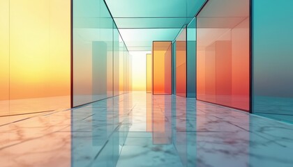 Poster - Abstract glass structure features color variations, reflections. Colourful transparent panels create geometric lines, shapes. Interior architectural design vibrant hues, minimalist style. Light