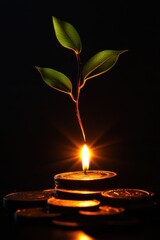 Aufkleber - A lit candle sits atop a pile of coins, evoking feelings of warmth and abundance