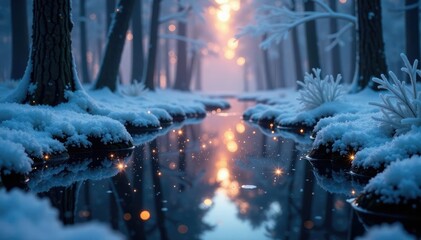 Wall Mural - Twinkling lights reflect in a frosty forest pool, icy, calm, glowing
