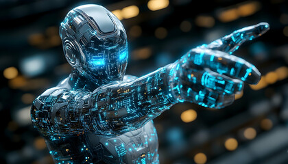 Poster - Futuristic robot with translucent body, glowing blue eyes, and pointing finger.  Detailed digital rendering