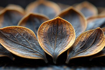 Poster - Unique close-up of dried leaves showcasing intricate textures and rich colors in natural arrangement on a dark surface