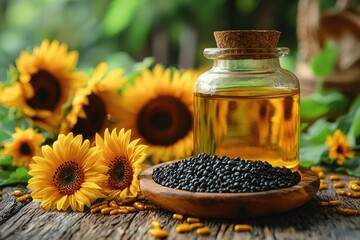 Aufkleber - Sunflower oil and seeds displayed with vibrant sunflowers on a rustic wooden table in natural light