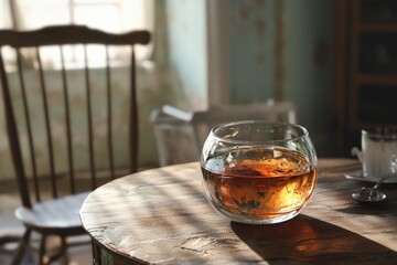 Poster - A single glass of whiskey sits atop a wooden table