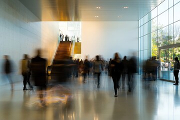 Poster - Crowd moving through a modern building with large windows and stairs in a busy urban setting during daytime