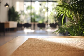 Poster - Stylish indoor cafe with natural light and lush greenery in the background