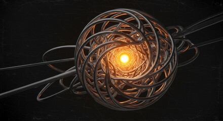 Poster - Abstract 3D Render: Intricate Metal Sphere with Glowing Core, Futuristic Design, Dark Background