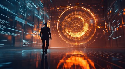 Futuristic Businessman Walking Towards Orange Digital Sphere Technology Background web data code    