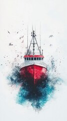 Poster - red and white tugboat cutting through stormy sea, depicted in a watercolor style with splashes of bl