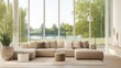 © 정은 서 - Diseño de interiores minimalista y escandinavo de una sala de estar moderna. Sala de estar luminosa con un moderno sofá modular beige, textiles suaves y grandes ventanales con vista a un paisaje sere