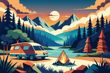 night camp cartoon vector concepts. tents campfire rocks river coast, camping tourist stuff pond sho