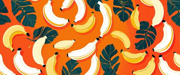 Aufkleber - banana pattern on orange plain background digital abstract art work illustration design