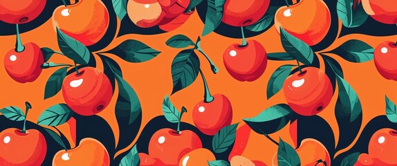 Aufkleber - cherry pattern on orange plain background digital abstract art work illustration design