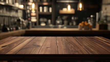 Poster - Wooden table top stands out in a softly blurred kitchen, creating a cozy backdrop. Dim light and modern decor blend, inviting culinary creativity and warmth