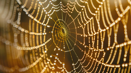 Golden Spiderweb Covered with Dew Drops in Soft Morning Light with Blurry Background and Intricate Detail