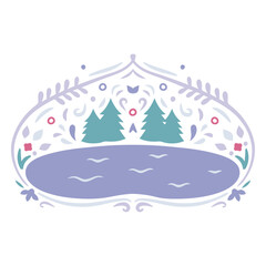 Poster - Serene Waters and Evergreen Trees: A stylized artistic illustration, depicting a tranquil scene of a shimmering lake framed by vibrant greenery, symbolizing peace and serenity.