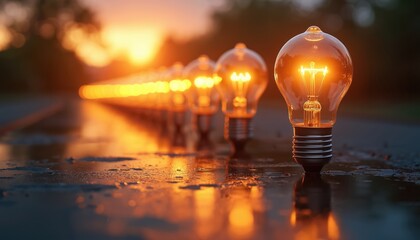 Aufkleber - Illuminated light bulbs in row sunset. Innovation pipeline from idea to market. Concept of innovation, invention, solution, creativity, inspiration, brainstorming, collaboration, research,