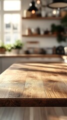 Poster - Sunlight dances on the smooth surface of a rustic wood table as it stands in the foreground of a softly blurred kitchen. The inviting space hints at joyful culinary moments and gatherings