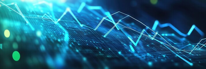 Poster - Dynamic trend lines merge into a data grid with cool blue and green tones, symbolizing political and economic analysis in a structured format