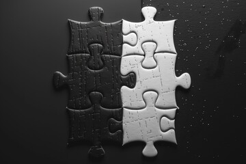 Poster - Black and white puzzle pieces are arranged together against a dark surface. Some pieces appear glossy while others have a matte finish.