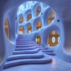 Poster - Bright and smooth interior space features a flowing staircase leading upwards surrounded by organic-shaped openings. Soft blue ambient light enhances the modern design elements.