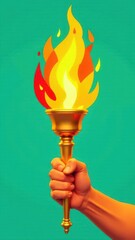 Poster - A hand grips a golden torch with a vivid flame rising from it. The flames feature shades of yellow orange and red set against a striking green backdrop.