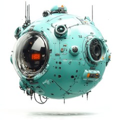 Fototapete - Futuristic sphere shaped drone with teal body, orange digital display, and various technological details against a white background. 