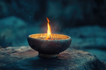 Poster - A single lit candle placed on top of a rock in a natural setting