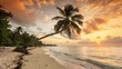 © Natsumae - Serene sunset paints the sky with fiery hues, a lone palm tree gracefully bends over a pristine beach, waves gently lapping the shore, a tranquil paradise.
