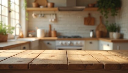 Poster - Rustic wooden table against blurred kitchen. Smooth finish tabletop, perfect for mockups, product displays, design layouts. Inviting versatile space. Modern light interior. Sun rays through window.