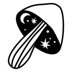 Poster - Mystical Mushroom: An illustrated mushroom is adorned with a celestial scene of moon and stars, designed in a minimalist monochrome palette. 