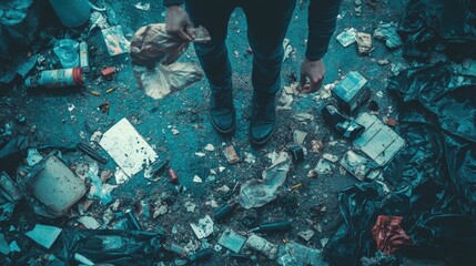 Poster - A person standing in the midst of a trash pile, with debris and waste surrounding them