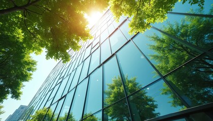 Poster - Eco modern office building with green tree branches, sustainable glass design. Green architecture in urban environment promotes go green concepts, reflects blue sky, nature, shows sustainability,
