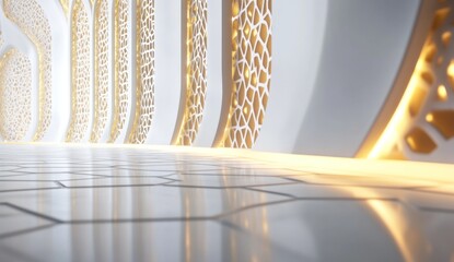 Luxurious white and gold interior with intricate wall patterns and glossy floor.