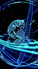 Poster - Rotating digital earth with dynamic neon light trails and futuristic grid animation