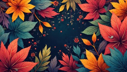Poster - Modern wallpaper with colorful flower leaves, botanical elements on dark blue background. Artistic floral design with green, red, orange, turquoise plants creates vibrant, elegant and stylish texture.