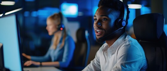 Aufkleber - A man wearing a headset is smiling at the camera