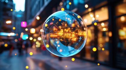 Aufkleber - shimmering soap bubble hovers in urban setting, reflecting lights and digital patterns, creating sense of wonder and innovation