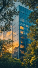 Poster - Golden rays of the setting sun illuminate the sleek glass exterior of an office tower, creating a stunning contrast against lush foliage. Nature and architecture blend seamlessly in harmony