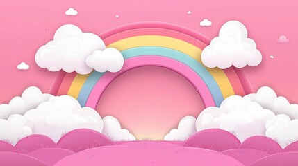 Wall Mural - whimsical pink background with clouds and rainbow in soft pastel colors for artistic and colorful cr