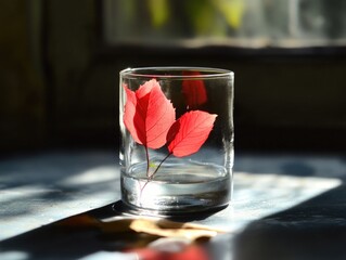 Poster - A close-up view of a glass containing a single leaf