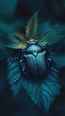 Aufkleber - A small blue beetle sits atop a green leaf, highlighting the contrast between the insect's color and the leaf's natural hue