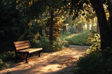 Aufkleber - A wooden bench situated under a shade-giving tree in a park
