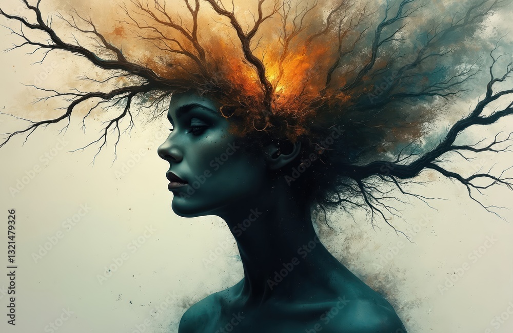 Surreal portrait of person with branches and energy explosion. Face ...
