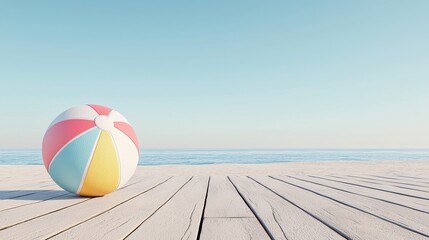 Wall Mural - Colorful Beach Ball on a Wooden Pier by a Calm Ocean