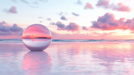 Wall Mural - Stunning Beach Scene with Transparent Ball Reflecting Sunset Colors