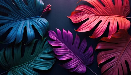 Aufkleber - Vibrant monstera, palm leaves with neon lighting on dark background. Summer vacation mood concept. Exotic jungle plant foliage pattern design, art. Pink, blue, green, purple, orange, red colors.